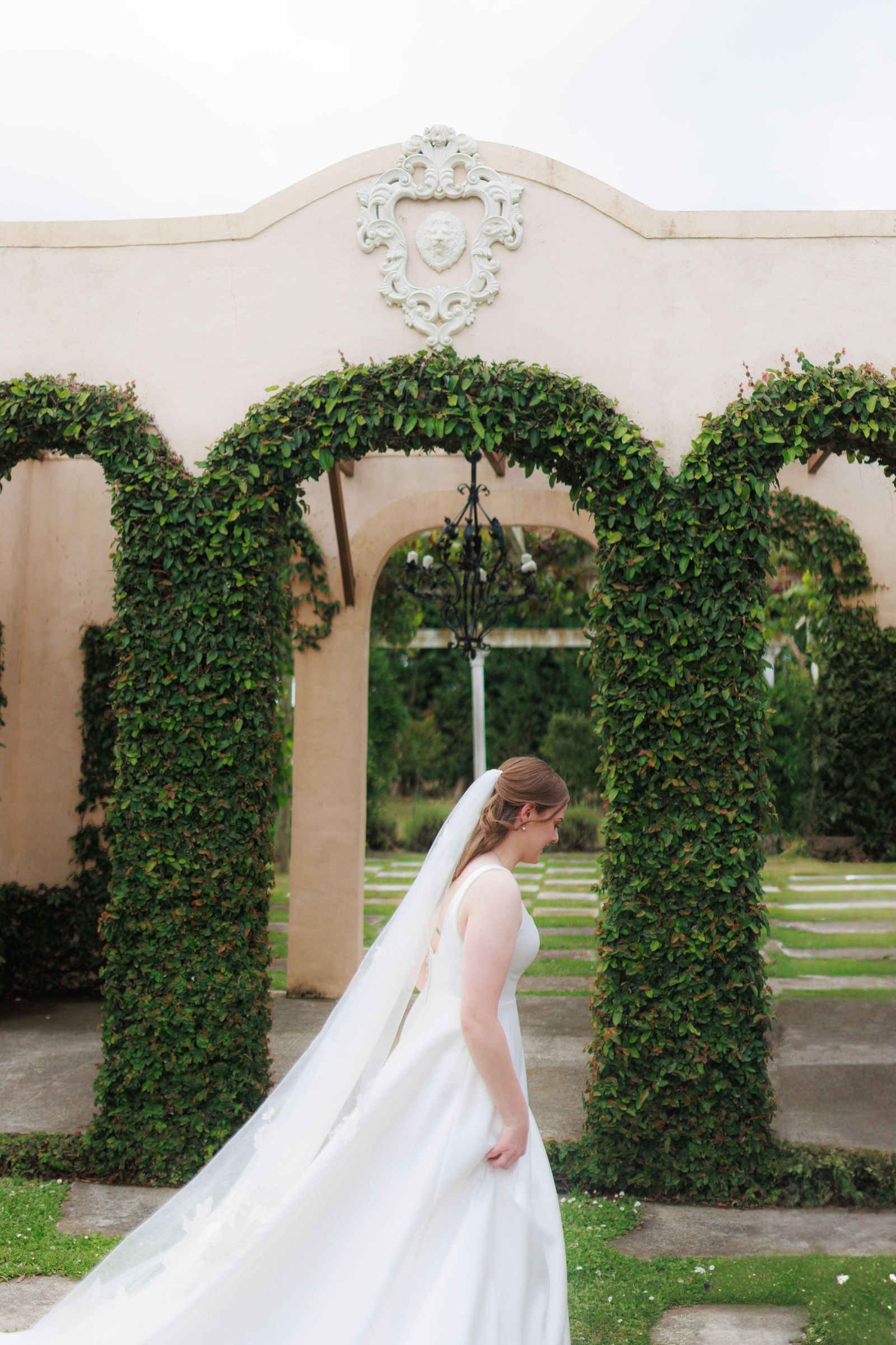 A bride framed by the ivy arches at Villa Candotti, an Italian garden wedding venue near Palmerston North